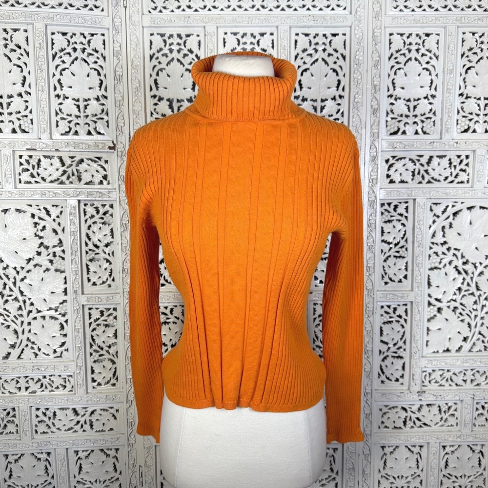 Vtg Liz Claiborne Orange Ribbed Turtleneck Sweater Womens Small Bright Colorful